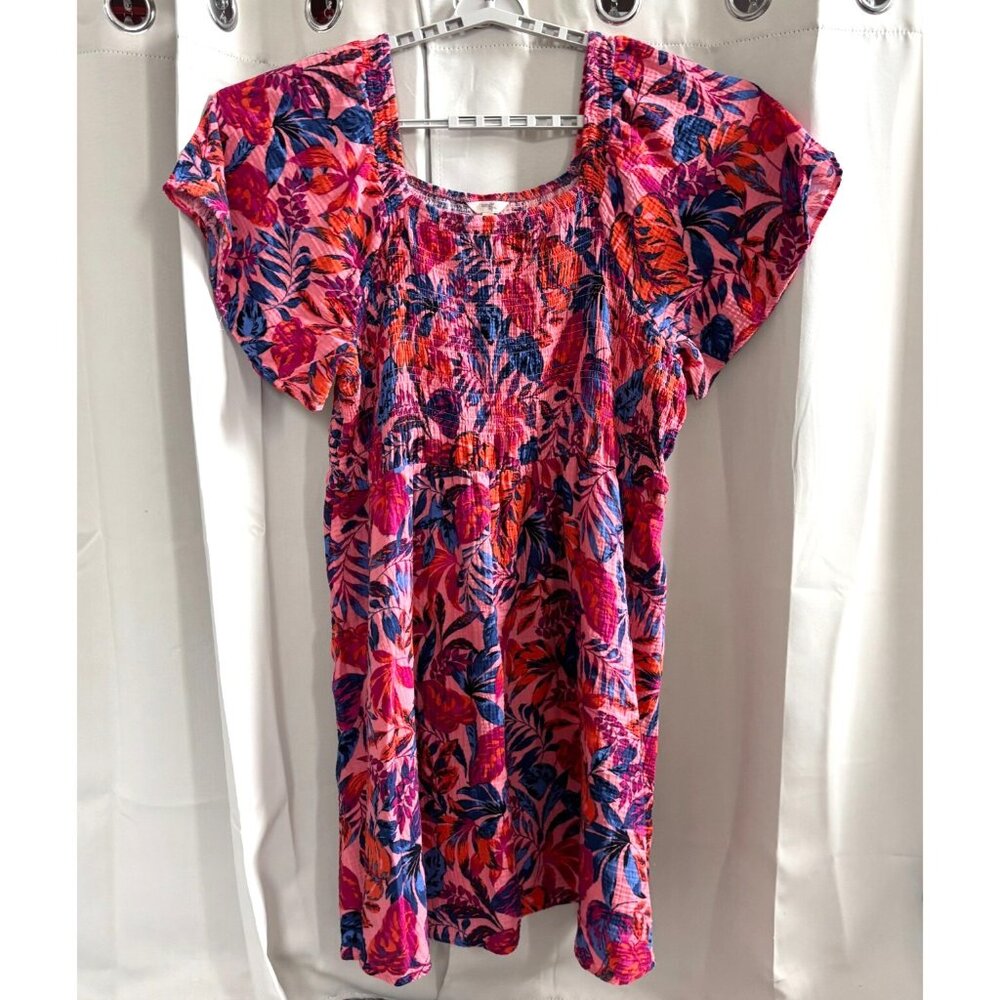 Terra Sky Women Dress Size 4X Tropical Floral Gauze Smock Square Neck Boho 18240